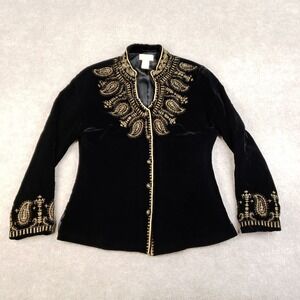 SOIREE Jacket‎ Womens Size 8 Black Velvet Beaded Embroidered Top Button Up